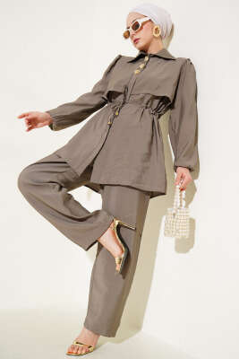 Parça Detaylı Bel Tünelli İkili Takım Vizon 