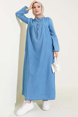 Patlı Beş Düğmeli Kot Mavisi Elbise - FEVERAN