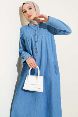 Patlı Beş Düğmeli Kot Mavisi Elbise - Elbise