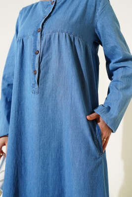 Patlı Beş Düğmeli Kot Mavisi Elbise - Elbise