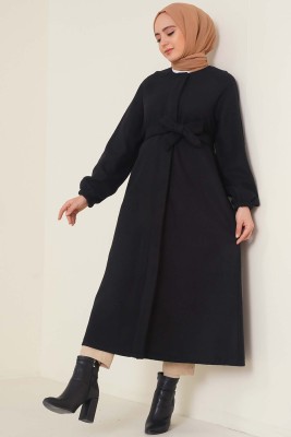 Patlı Düğmeli Kaşe Kaban Siyah