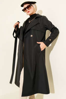 Pelerinli Tek Düğmeli Kuşaklı Trençkot Siyah