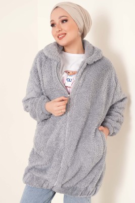 Peluş Fermuarlı Hırka Gri