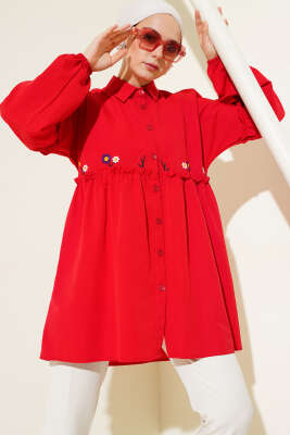 Pileli Çiçek Nakışlı Gömlek Kırmızı 