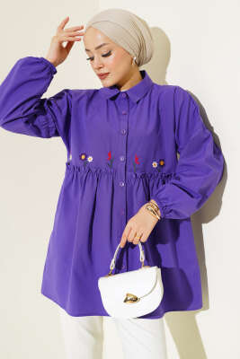 Pileli Çiçek Nakışlı Gömlek Mor 