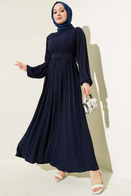 Piliseli Kemerli Ayrobin Elbise Lacivert