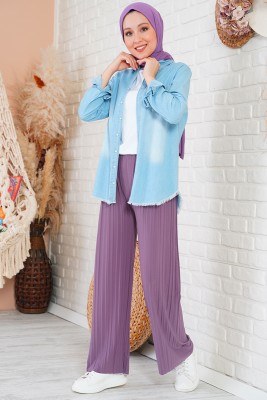 Piliseli Lazer Kesim Eflatun Pantolon - Pantolon