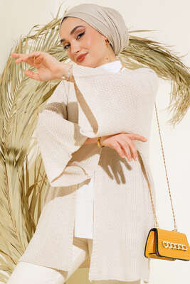 Pirinç Örgü Yarasa Kol Hırka Bej 