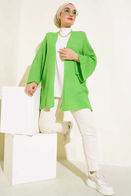 Pirinç Örgü Yarasa Kol Hırka Yeşil - Triko Hırka