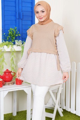 Pitikareli Yanları Büzgü Detay Camel Tunik