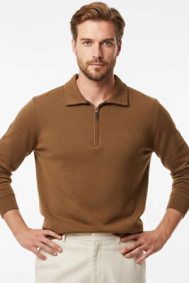 Polo Yaka Triko Fermuarlı Erkek Sweatshirt Taba