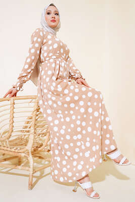 Puantiye Desen Bürümcük Elbise Latte 