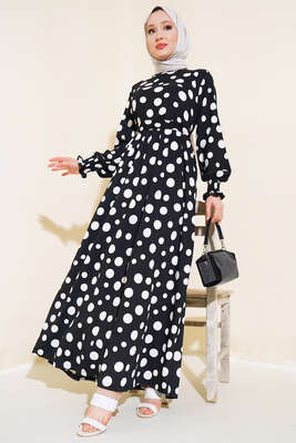 Puantiye Desen Bürümcük Elbise Siyah 