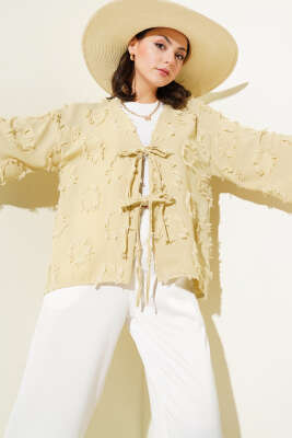 Püsküllü Bağlamalı Kimono Kum Bej