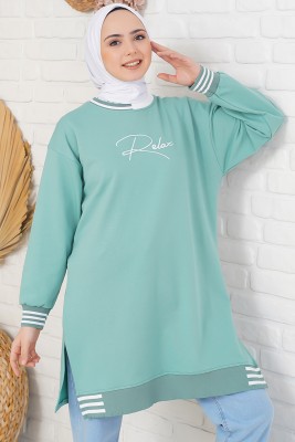 Relax Nakışlı Çağla Yeşili Tunik