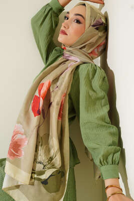 Retro Çiçek Desenli Şal Yağ Yeşili