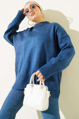 Ribana Görünümlü Triko Tunik İndigo - FİXAY