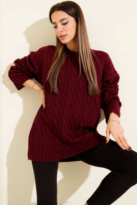 Saç Örgülü Salaş Triko Kazak Bordo - Kadın Giyim Modelleri