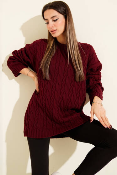 Saç Örgülü Salaş Triko Kazak Bordo - Kadın Giyim Modelleri