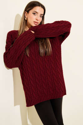 Saç Örgülü Salaş Triko Kazak Bordo - Kadın Giyim Modelleri