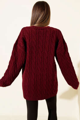 Saç Örgülü Salaş Triko Kazak Bordo - Kadın Giyim Modelleri