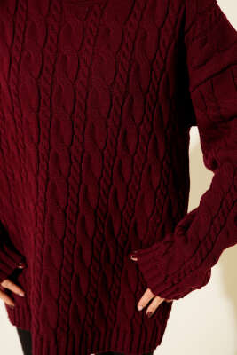 Saç Örgülü Salaş Triko Kazak Bordo - Kadın Giyim Modelleri