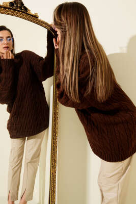 Saç Örgülü Salaş Triko Kazak Kahve 