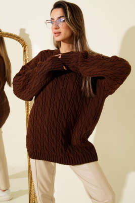 Saç Örgülü Salaş Triko Kazak Kahve - Kadın Giyim Modelleri