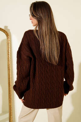 Saç Örgülü Salaş Triko Kazak Kahve - Kadın Giyim Modelleri