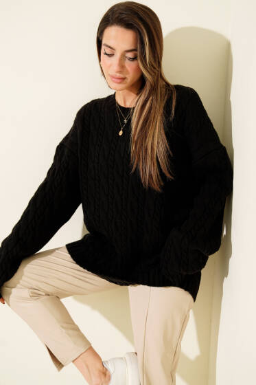 Saç Örgülü Salaş Triko Kazak Siyah - Kadın Giyim Modelleri