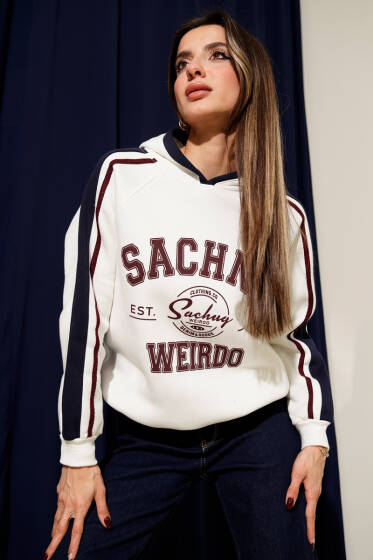 Sachnd Baskılı Kapüşonlu Üç İplik Sweatshirt Ekru - Kadın Giyim Modelleri