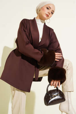 Şal Yaka Bilek Kürklü Scuba Hırka Kahve