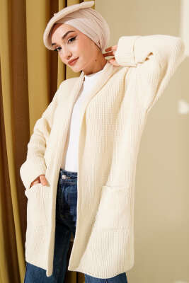 Şal Yaka Pirinç Örgü Triko Hırka Bej