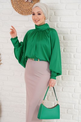 Salaş Model Boğazlı Saten Yeşil Bluz