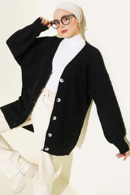 Sarmal Desen Detaylı Triko Hırka Siyah - KILIÇ TRİKO