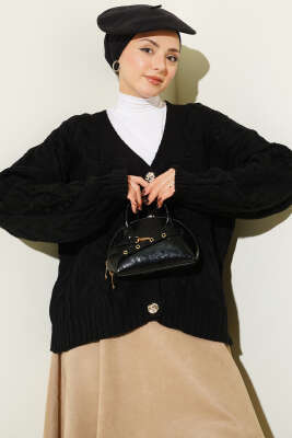 Sarmal Desen Düğmeli Kısa Triko Hırka Siyah