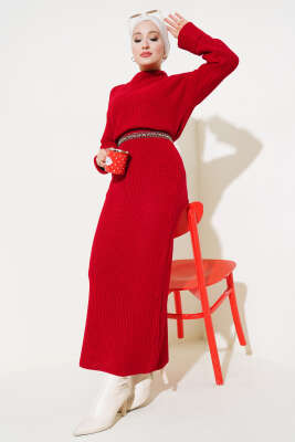 Selanik Örgü Etekli Salaş Triko Takım Kırmızı - İkili Takım