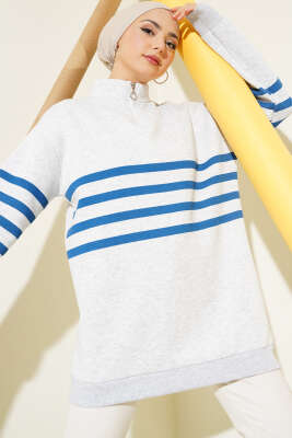 Şerit Baskılı Fermuarlı Üç İplik Sweatshirt Gri 