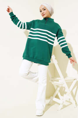 Şerit Baskılı Fermuarlı Üç İplik Sweatshirt Zümrüt - Tunik