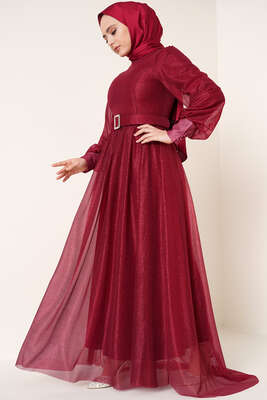 Sim Detaylı Abiye Elbise Bordo 