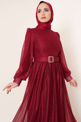 Sim Detaylı Abiye Elbise Bordo - Tesettür Elbise