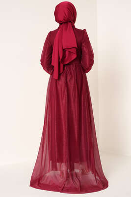 Sim Detaylı Abiye Elbise Bordo - Tesettür Elbise