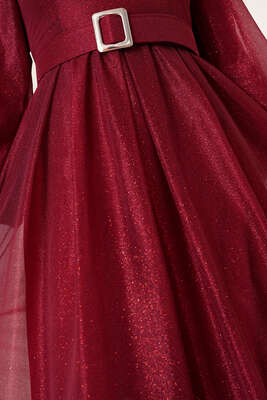 Sim Detaylı Abiye Elbise Bordo - Tesettür Elbise