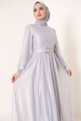 Sim Detaylı Abiye Elbise Gri - Tesettür Elbise