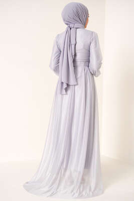 Sim Detaylı Abiye Elbise Gri - Tesettür Elbise