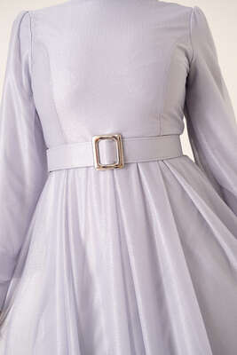 Sim Detaylı Abiye Elbise Gri - Tesettür Elbise