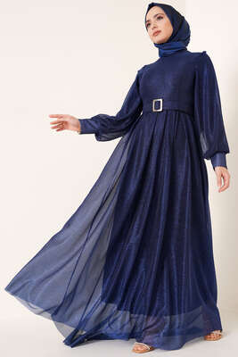 Sim Detaylı Abiye Elbise Lacivert 