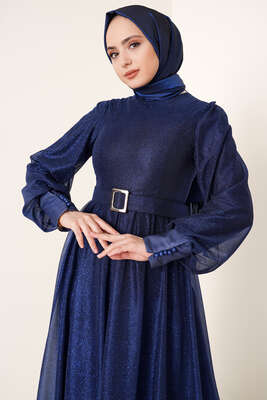 Sim Detaylı Abiye Elbise Lacivert - Tesettür Elbise