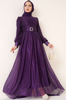 Sim Detaylı Abiye Elbise Mor 