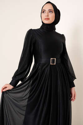 Sim Detaylı Abiye Elbise Siyah - Tesettür Elbise